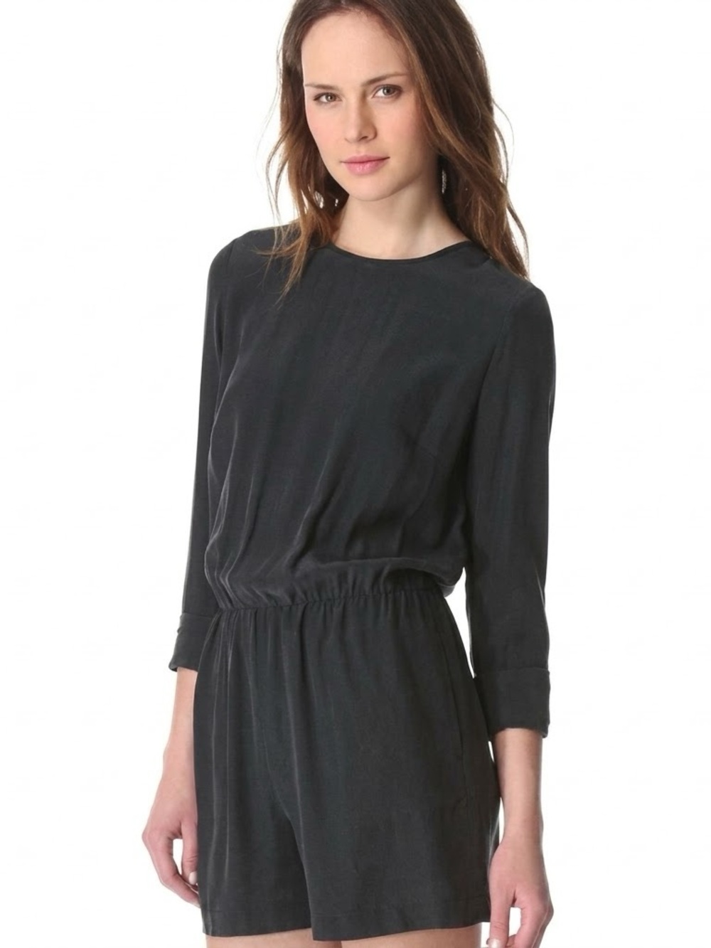 Club Monaco 100% Silk Long‑Sleeve Romper – Dark Grey, Size 2